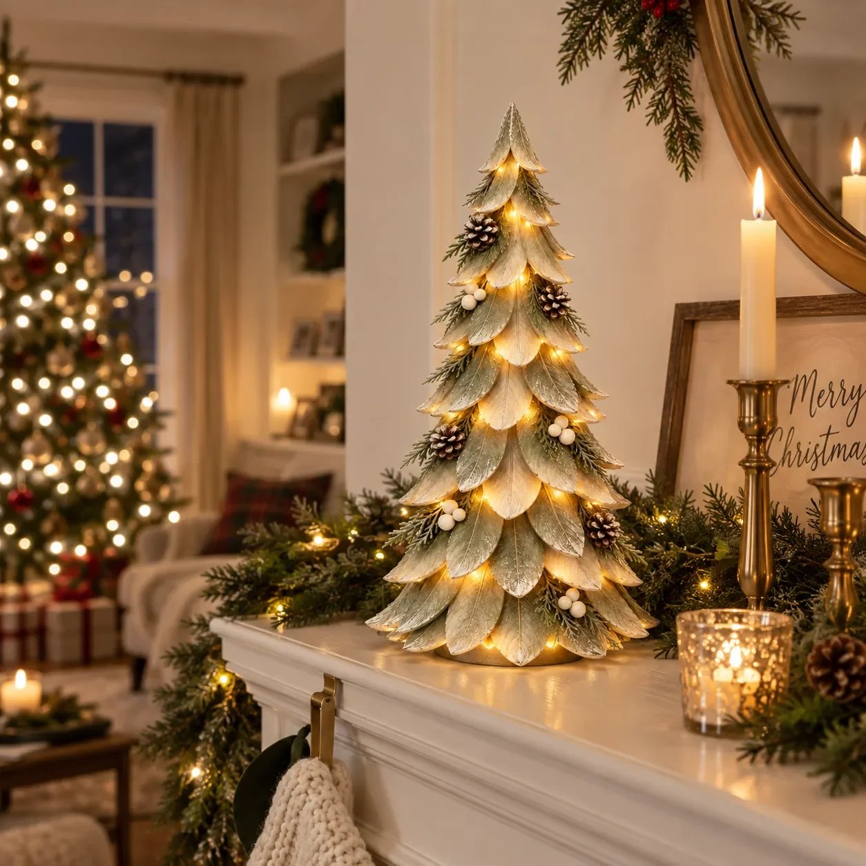 Winterleaf Glow Christmas Tree displayed on a Christmas mantel