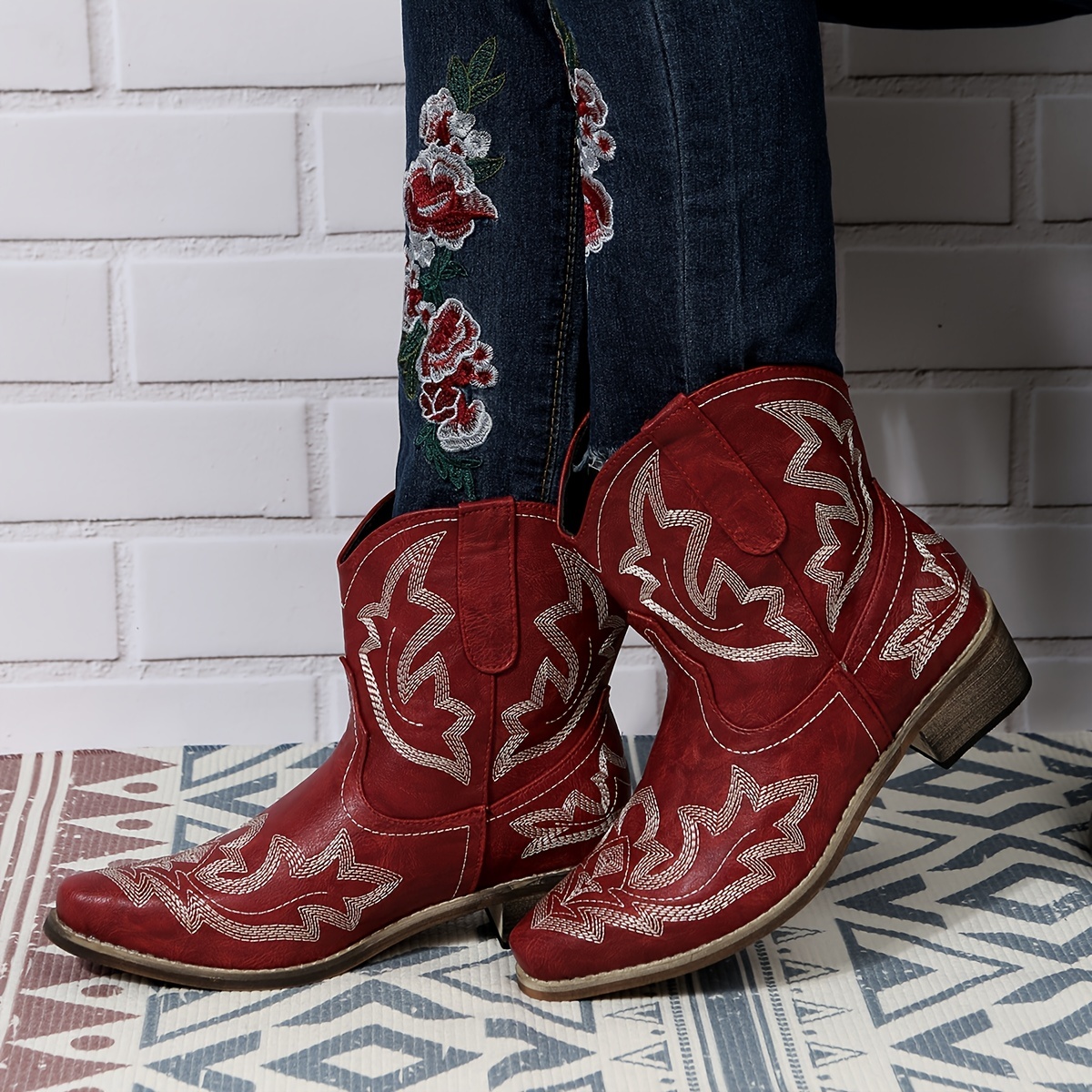 Women’s Western Embroidery Mid-Heel Ankle Boots