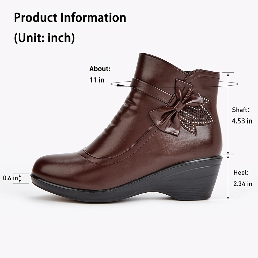 Women’s Warm Wedge Booties – Wide Width Comfort Ankle Boots with Side Zip & Bow Accent