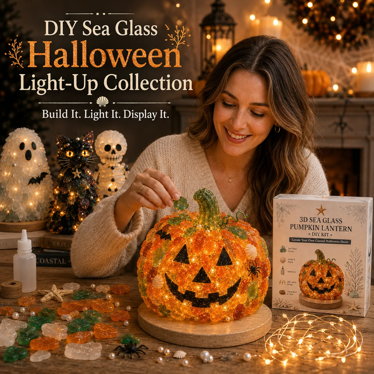 ⏳ Last Day 49% OFF – 🎃 Beginner-Friendly DIY Lighted Sea Glass Halloween Character Kit Collection