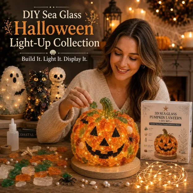 ⏳ Last Day 49% OFF – 🎃 Beginner-Friendly DIY Lighted Sea Glass Halloween Character Kit Collection