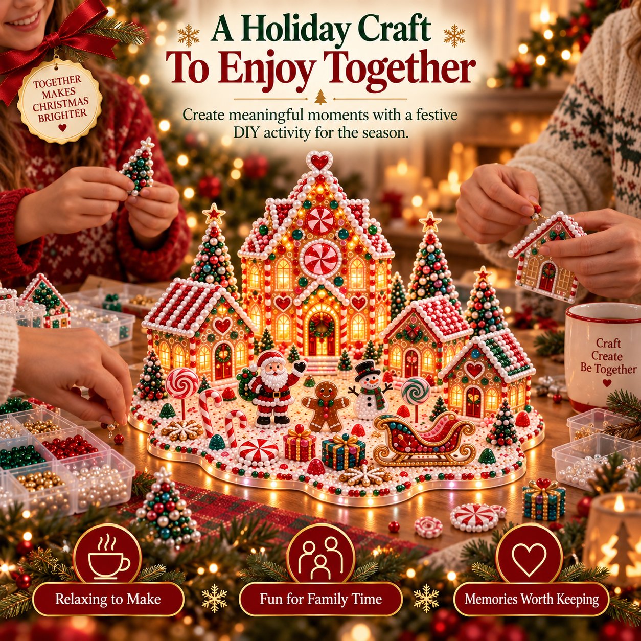 Detailed DIY gingerbread Christmas village with pearls and rhinestones