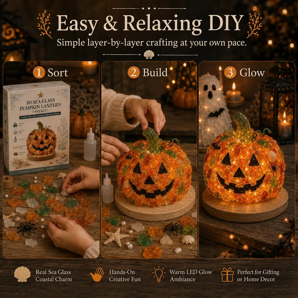 ⏳ Last Day 49% OFF – 🎃 Beginner-Friendly DIY Lighted Sea Glass Halloween Character Kit Collection