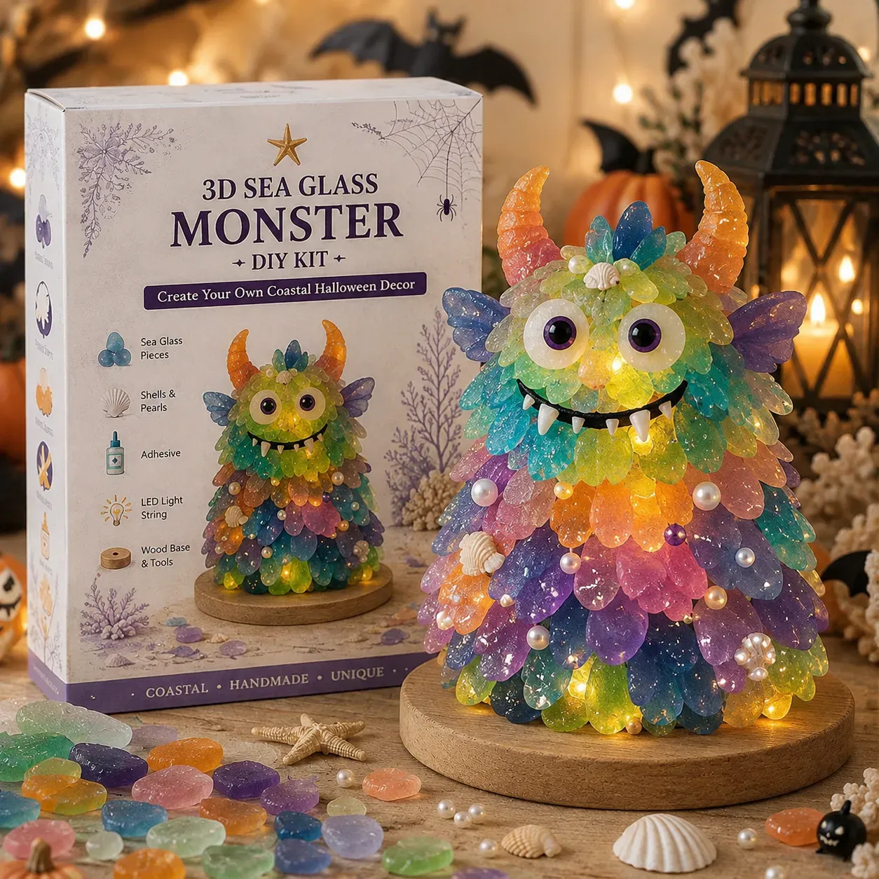 ⏳ Last Day 49% OFF – 🎃 Beginner-Friendly DIY Lighted Sea Glass Halloween Character Kit Collection