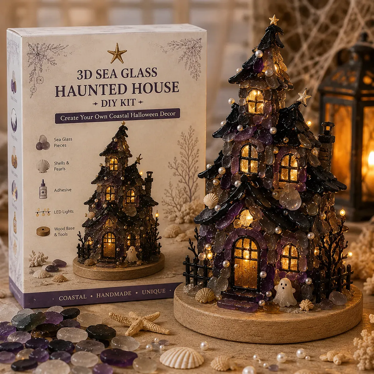 ⏳ Last Day 49% OFF – 🎃 Beginner-Friendly DIY Lighted Sea Glass Halloween Character Kit Collection