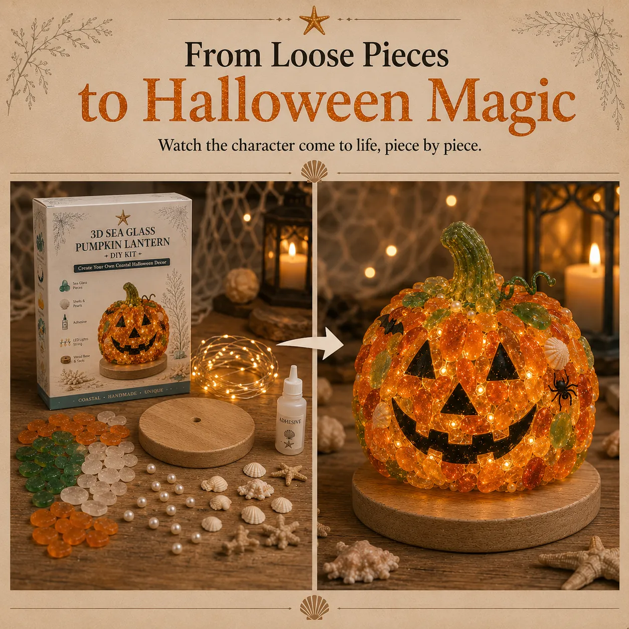 ⏳ Last Day 49% OFF – 🎃 Beginner-Friendly DIY Lighted Sea Glass Halloween Character Kit Collection