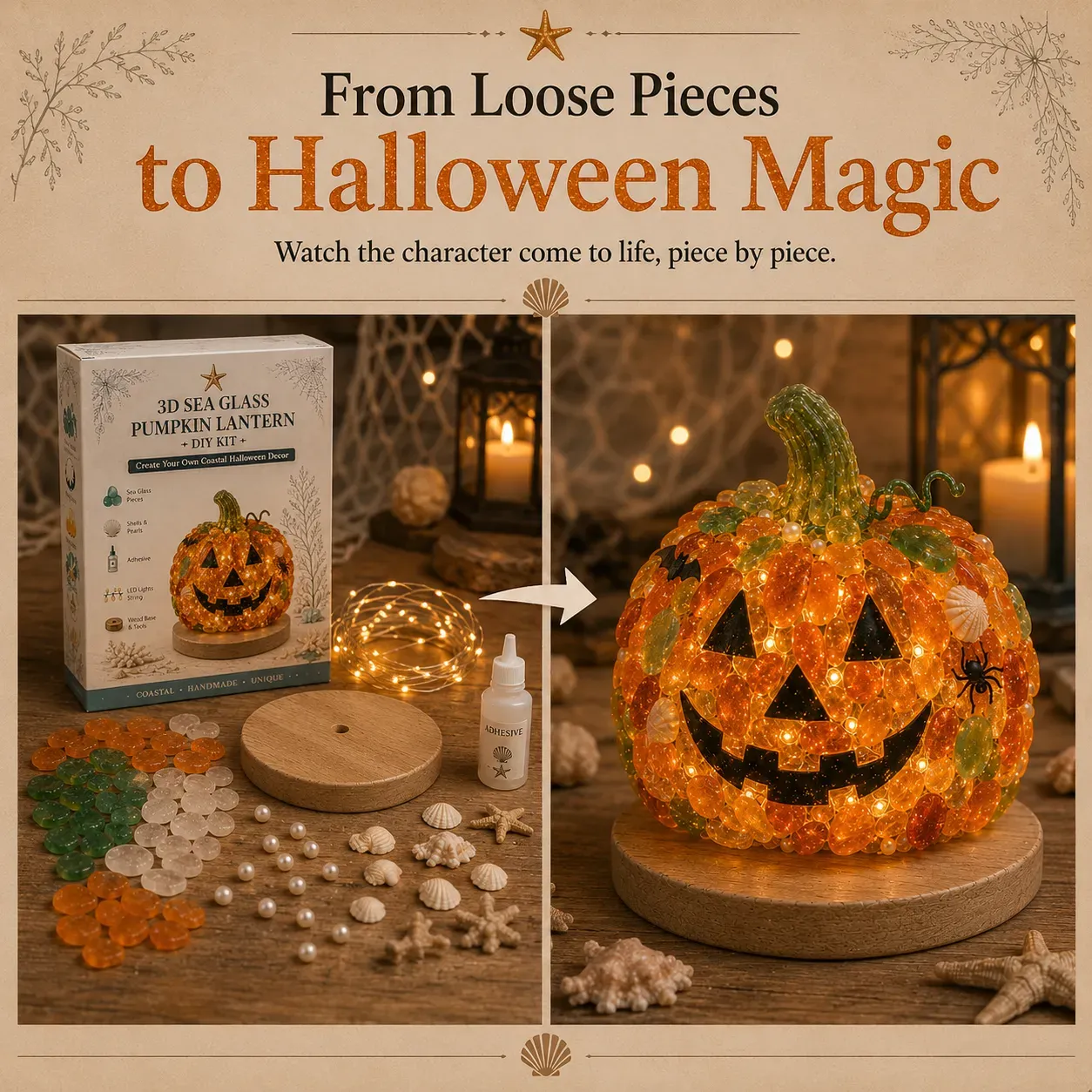 ⏳ Last Day 49% OFF – 🎃 Beginner-Friendly DIY Lighted Sea Glass Halloween Character Kit Collection