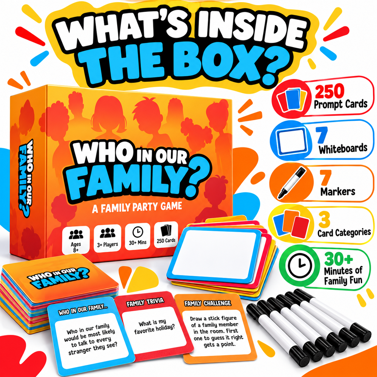 Who In Our Family party game box with 250 prompt cards 7 whiteboards and 7 markers