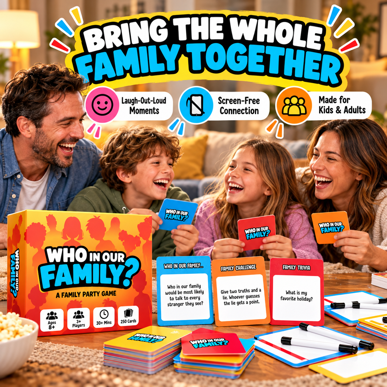 Family playing Who In Our Family party game together with cards and whiteboards