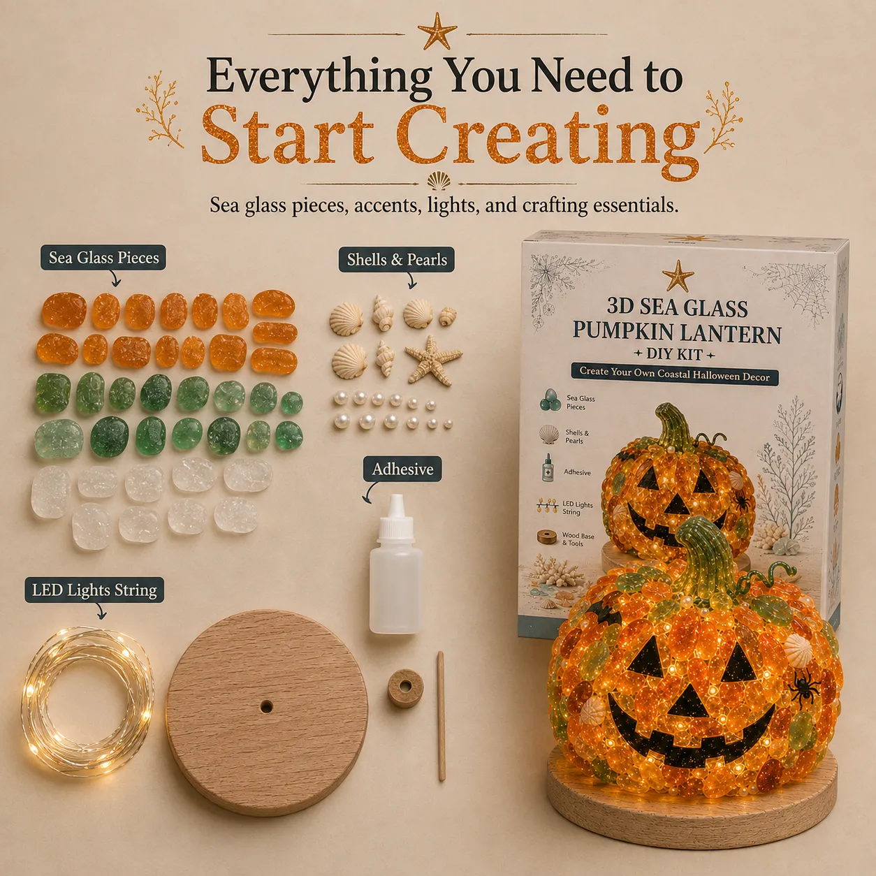 ⏳ Last Day 49% OFF – 🎃 Beginner-Friendly DIY Lighted Sea Glass Halloween Character Kit Collection