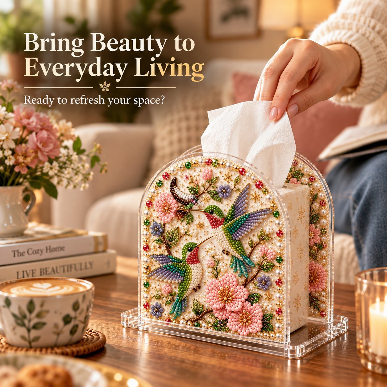 DIY Tissue Box Holder with Bead Mosaic Decor – Transparent Decorative Box with Patterned Design