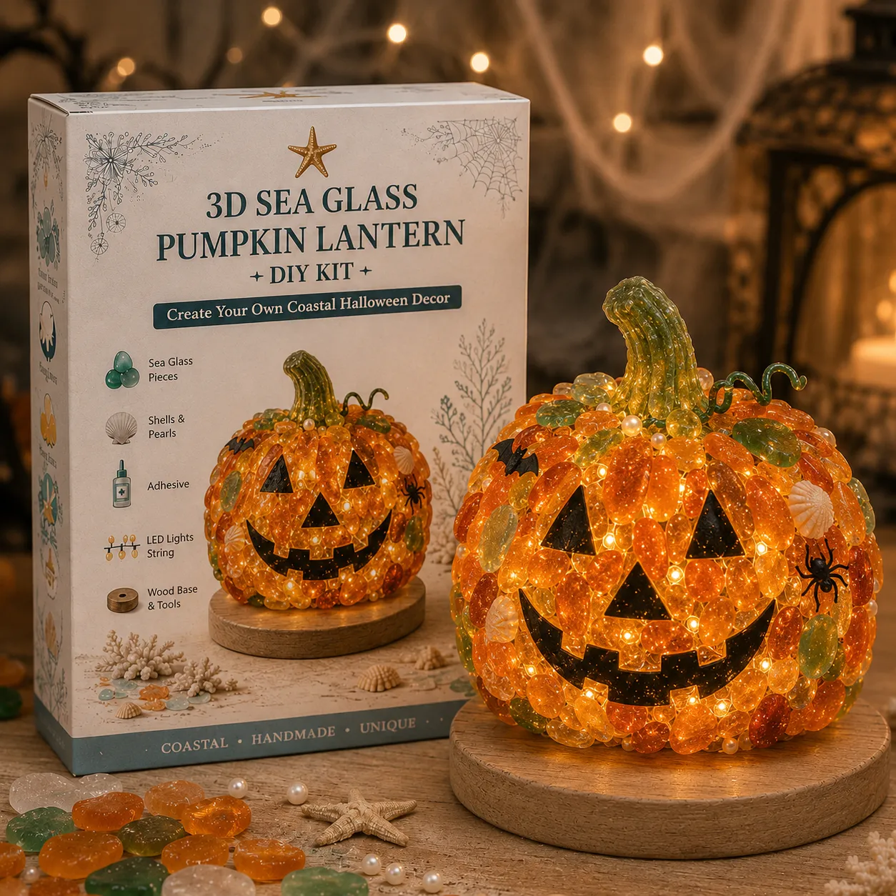 ⏳ Last Day 49% OFF – 🎃 Beginner-Friendly DIY Lighted Sea Glass Halloween Character Kit Collection