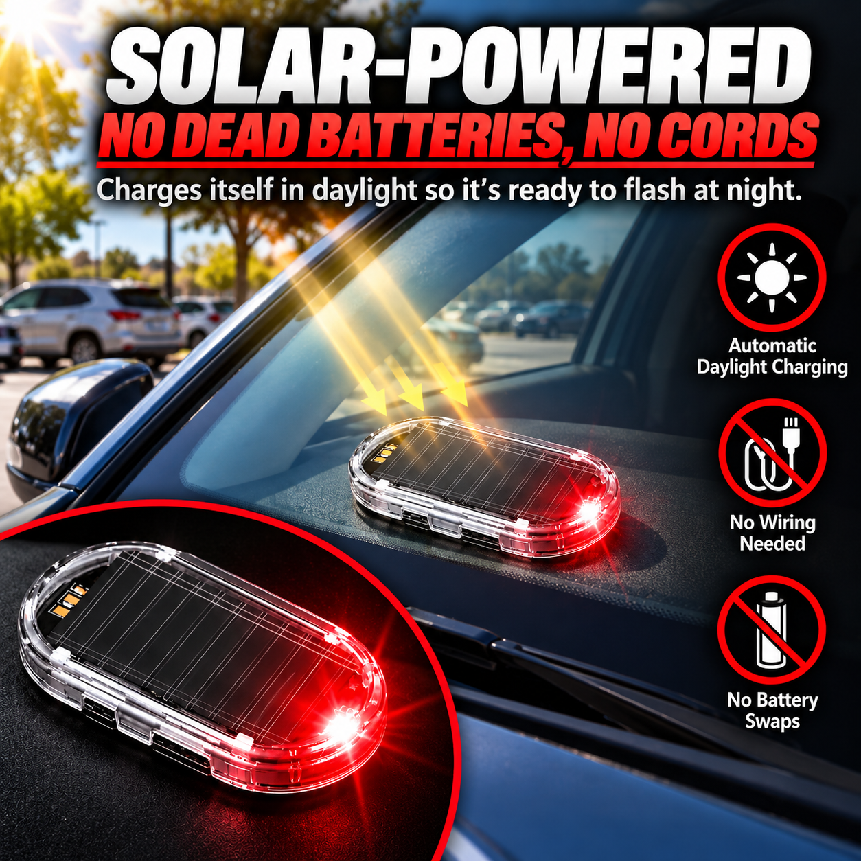🚨 Solar-Powered Fake Car Alarm LED – Flashing Deterrent Light, No Wiring