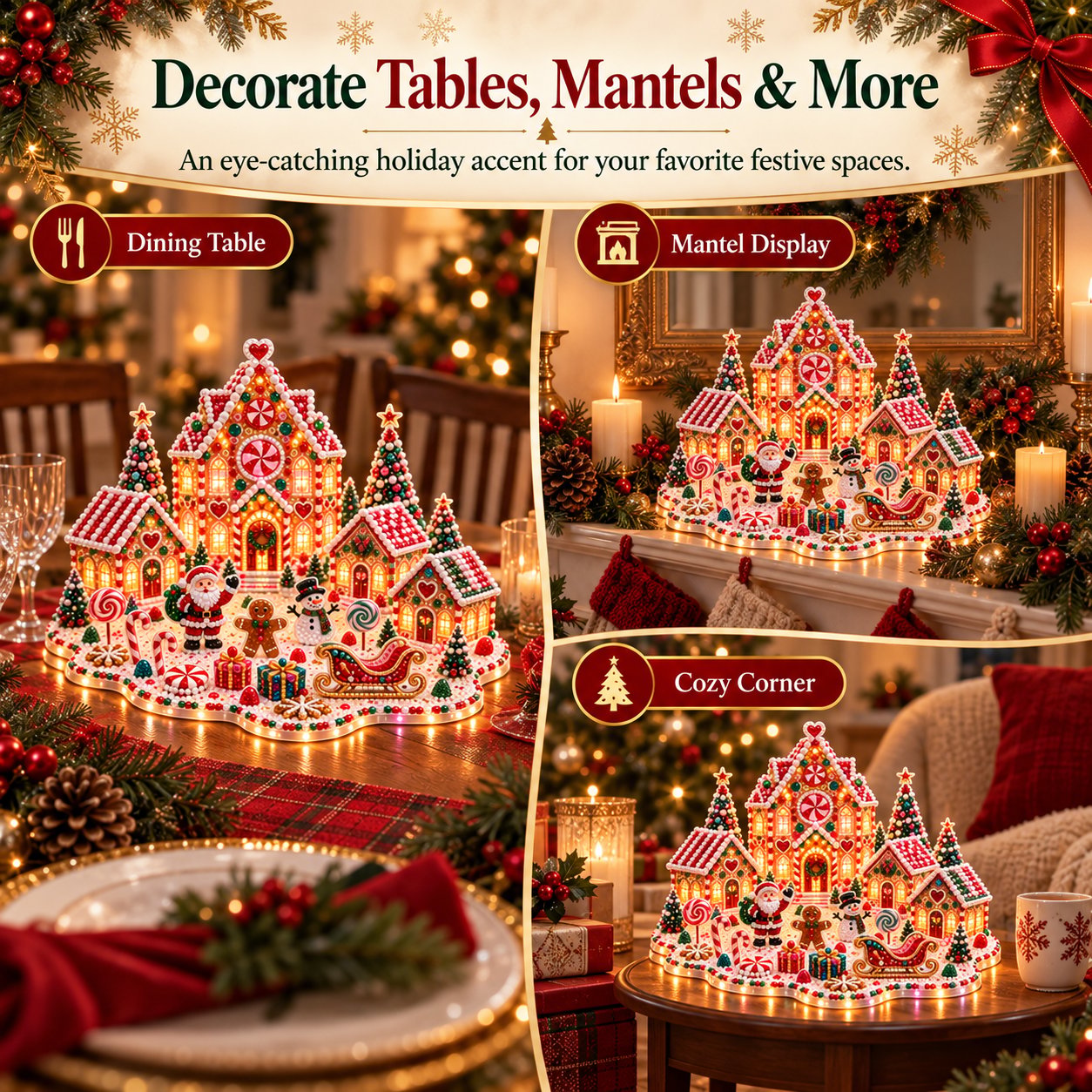 Three step DIY gem art Christmas village crafting process
