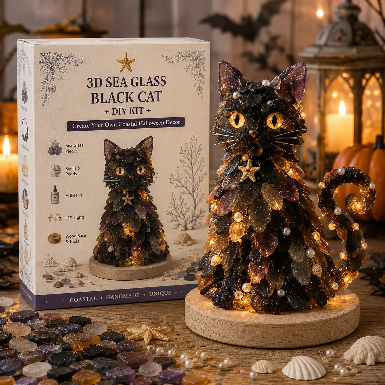 ⏳ Last Day 49% OFF – 🎃 Beginner-Friendly DIY Lighted Sea Glass Halloween Character Kit Collection