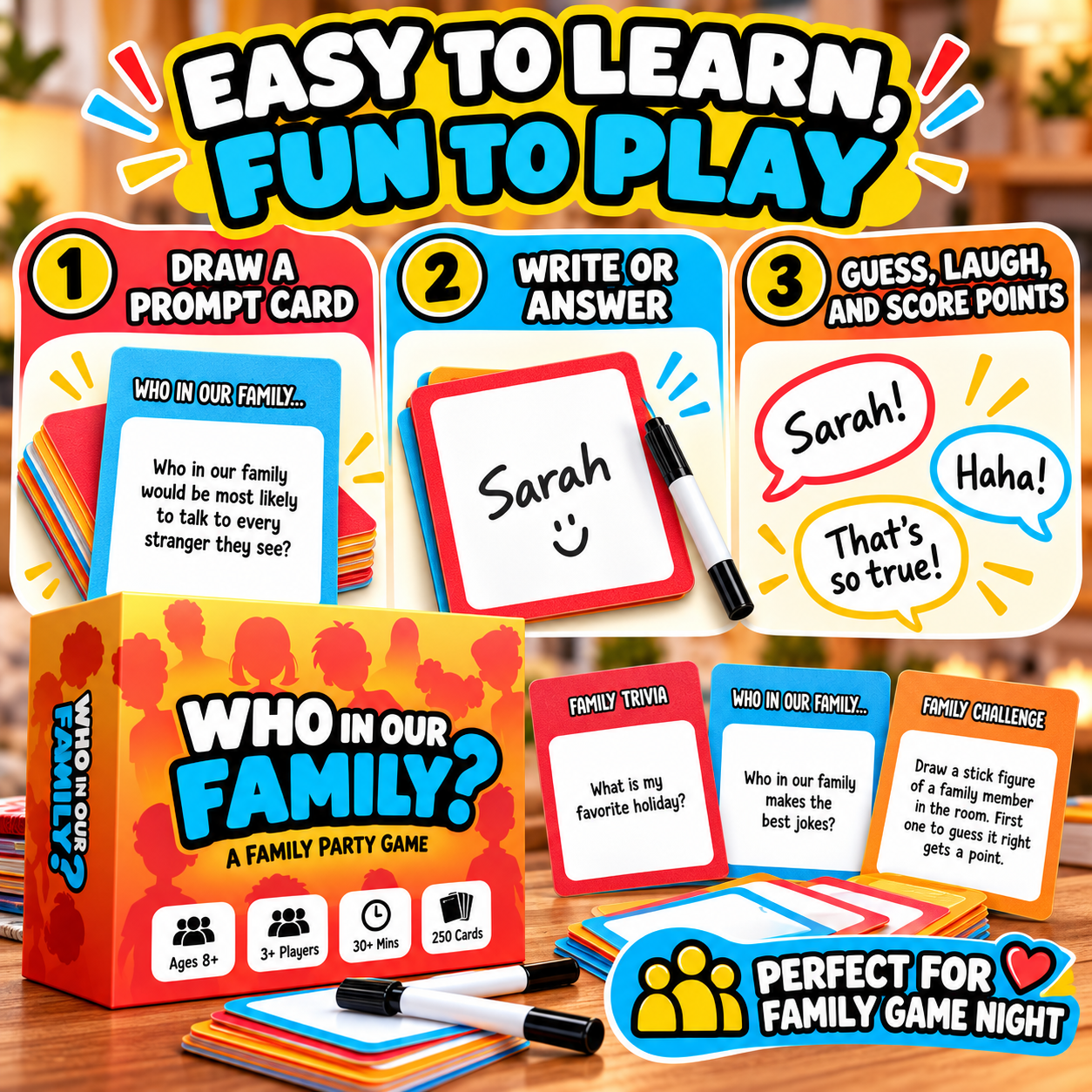 How to play Who In Our Family party game draw a prompt card write or answer guess laugh and score points