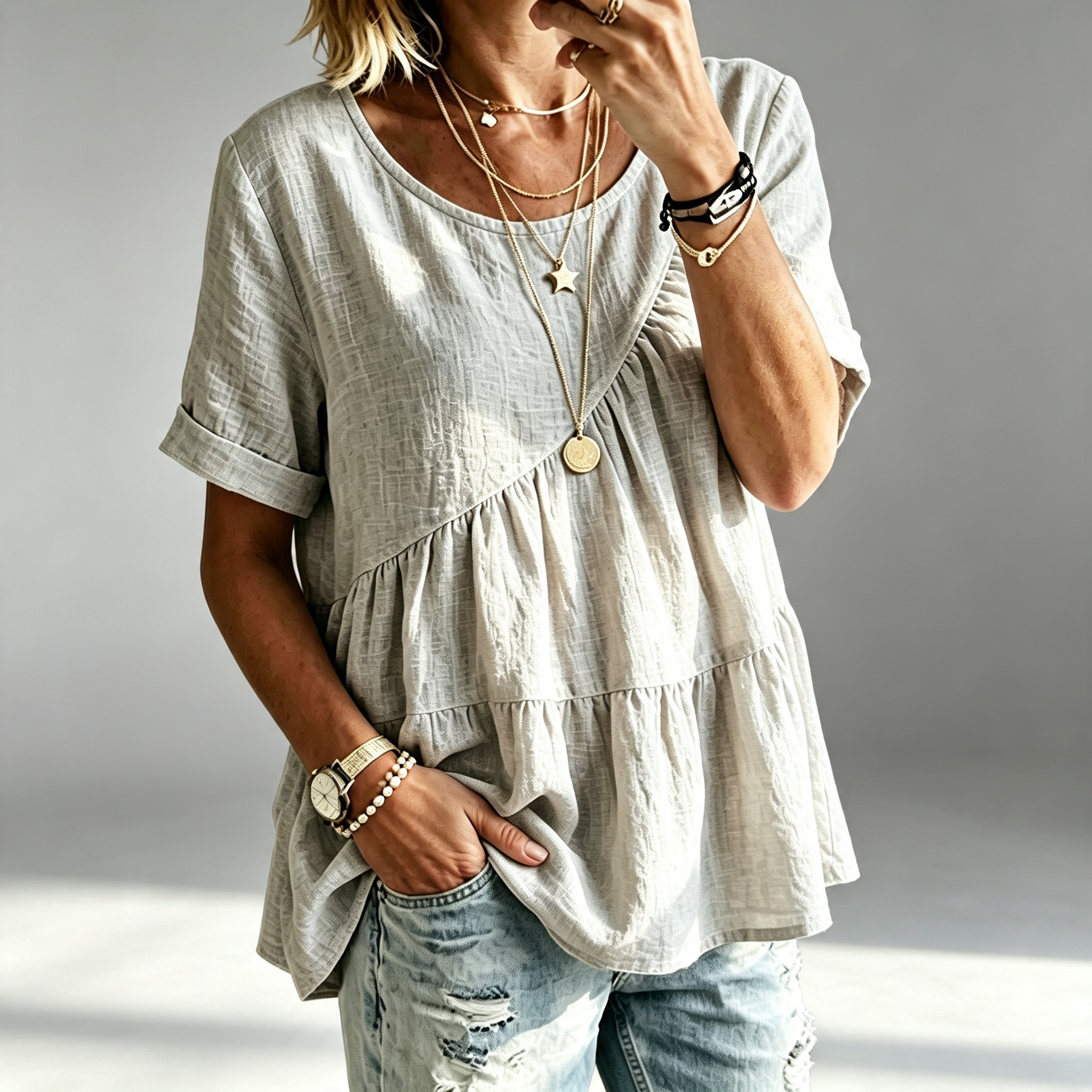 Women's Round Neck Cotton Linen Solid Color Loose Short-sleeved Shirt
