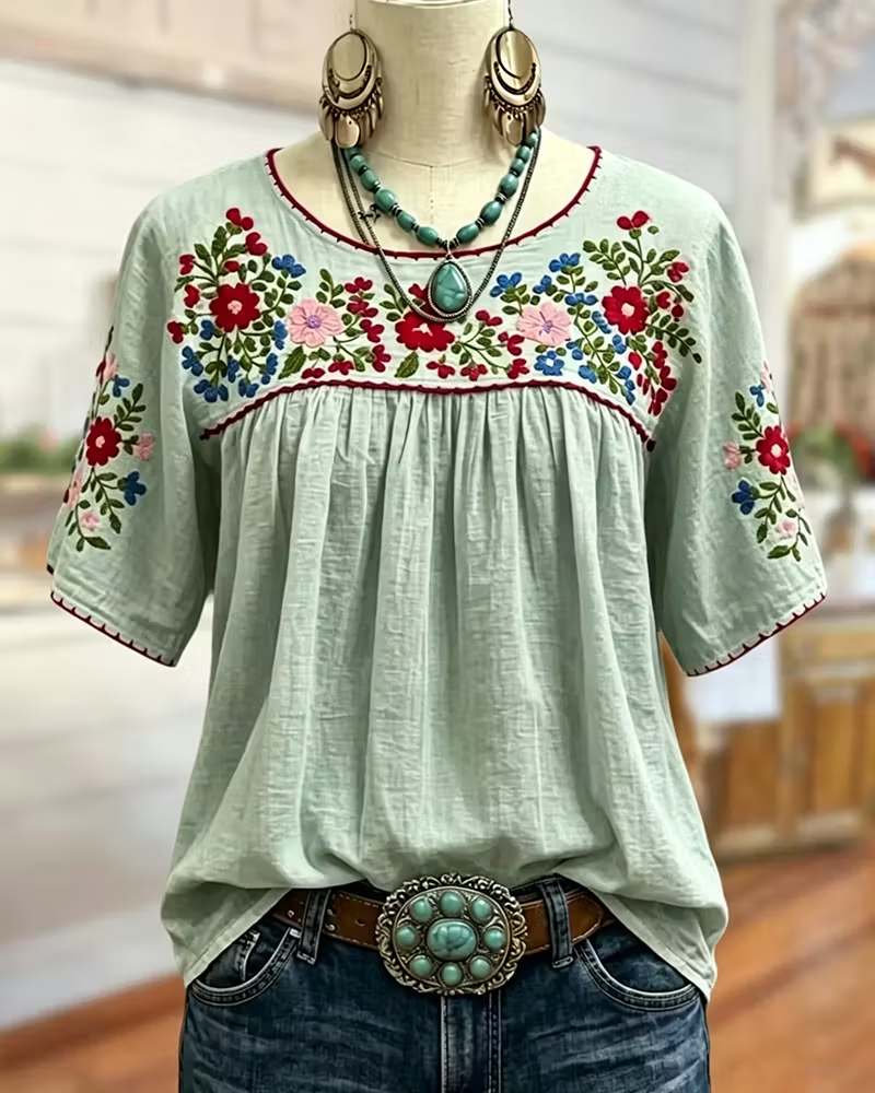 Floral Loose Gathered Scoop Neck Short Sleeve Blouse