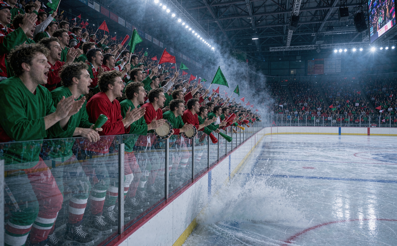 College hockey rink with program colors and playoff beards in the stands