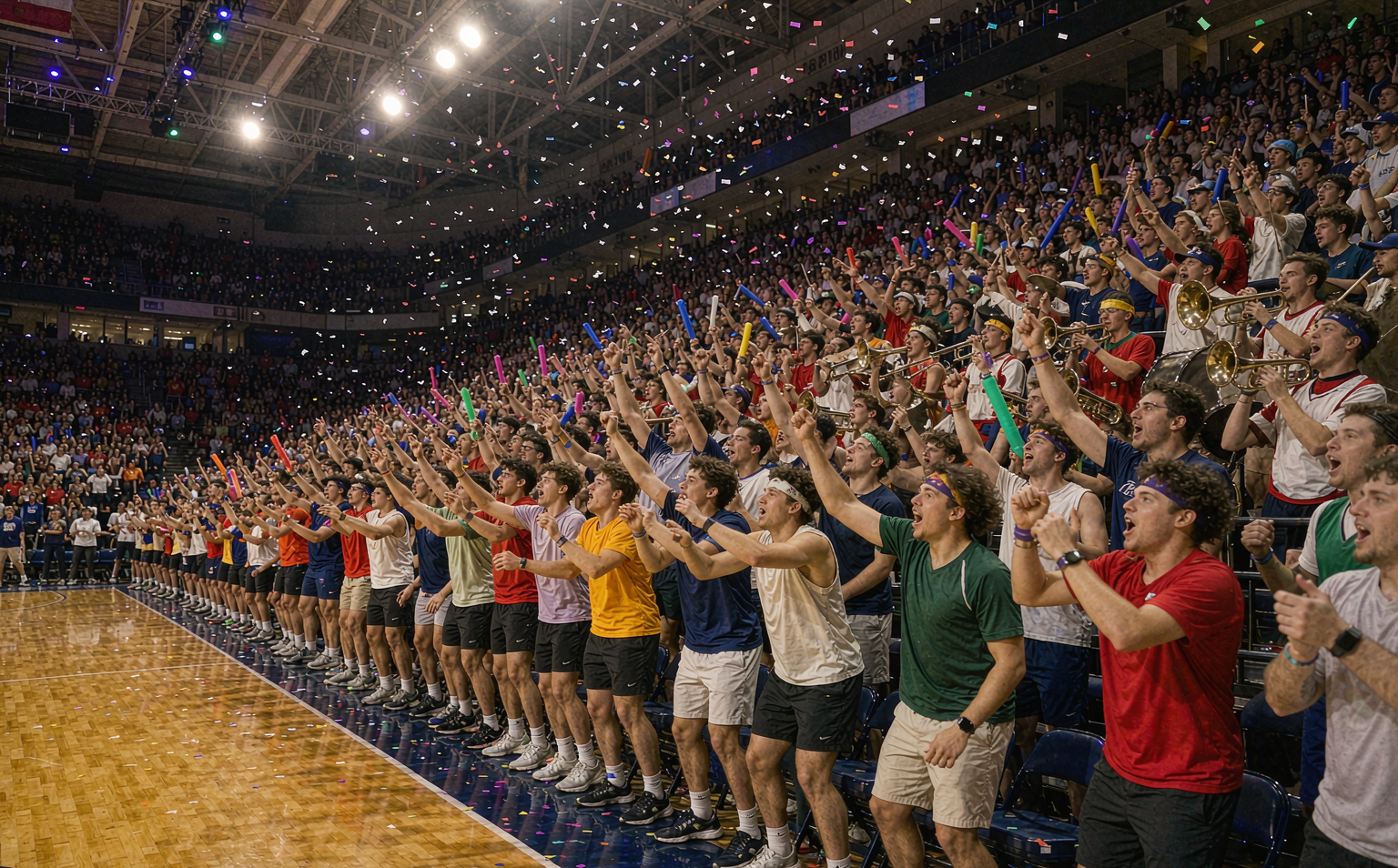 College basketball arena with confetti and program colors after the final buzzer