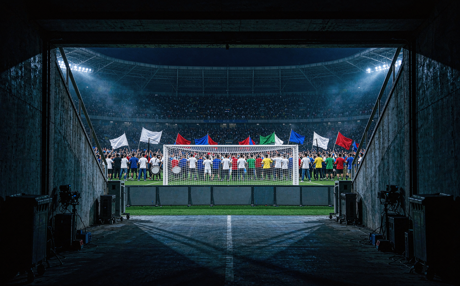 Munich-style stadium night with national team colors in the stands