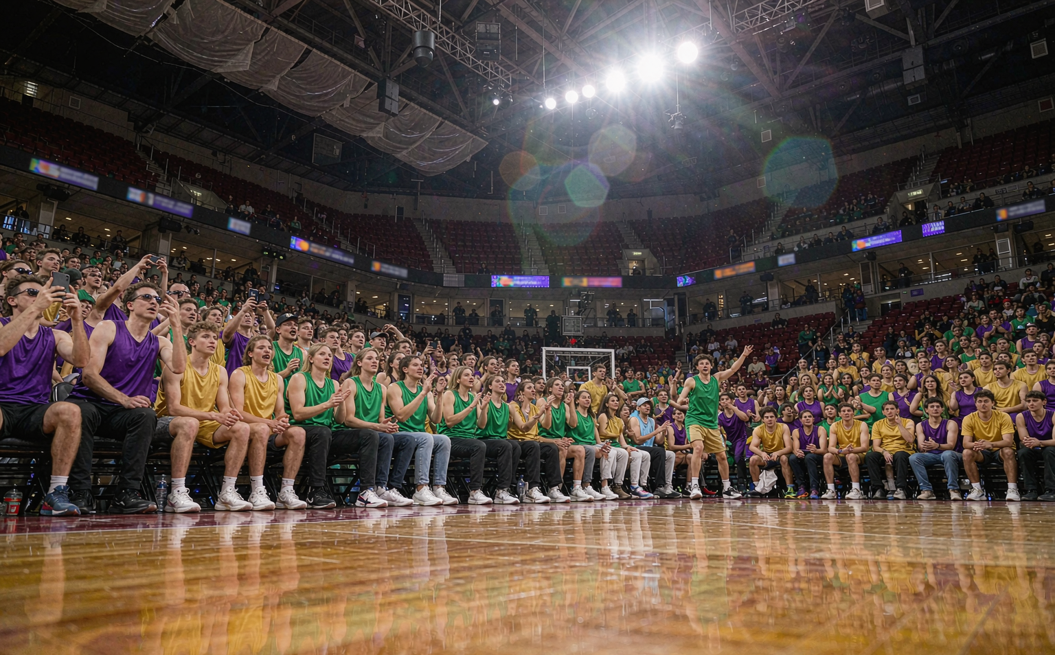 Packed basketball arena crowd wearing plain team-color jerseys under arena lights