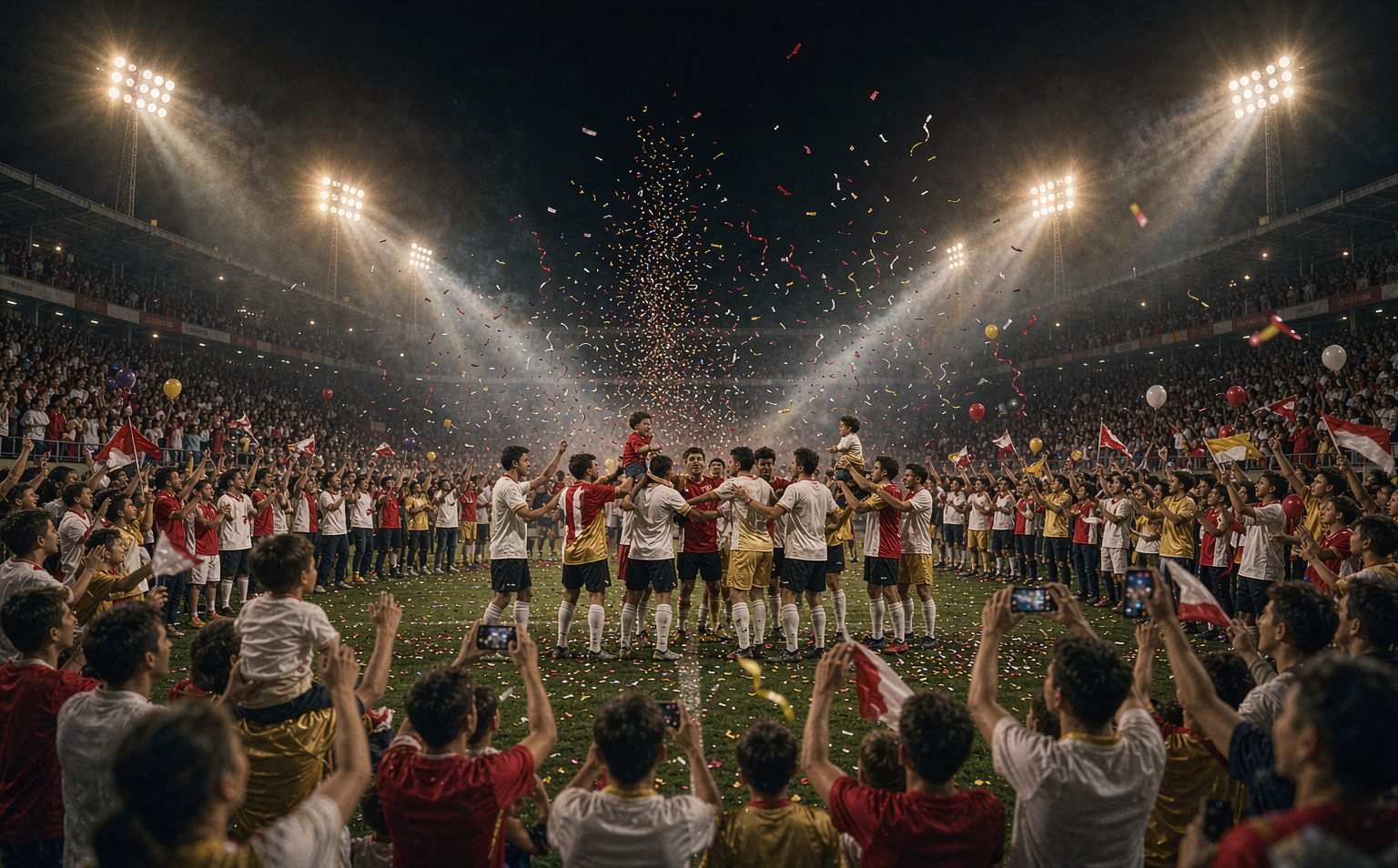 Championship night confetti falling over stadium crowd in plain team-color jerseys