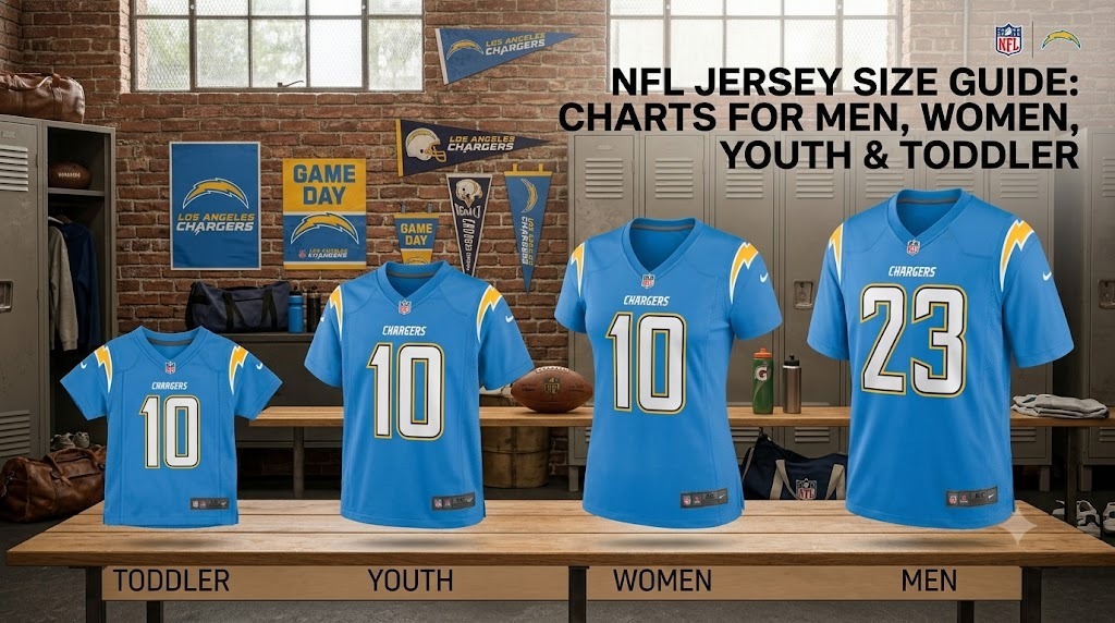 NFL jersey size guide: four Chargers jerseys labelled Toddler, Youth, Women and Men on a locker room bench
