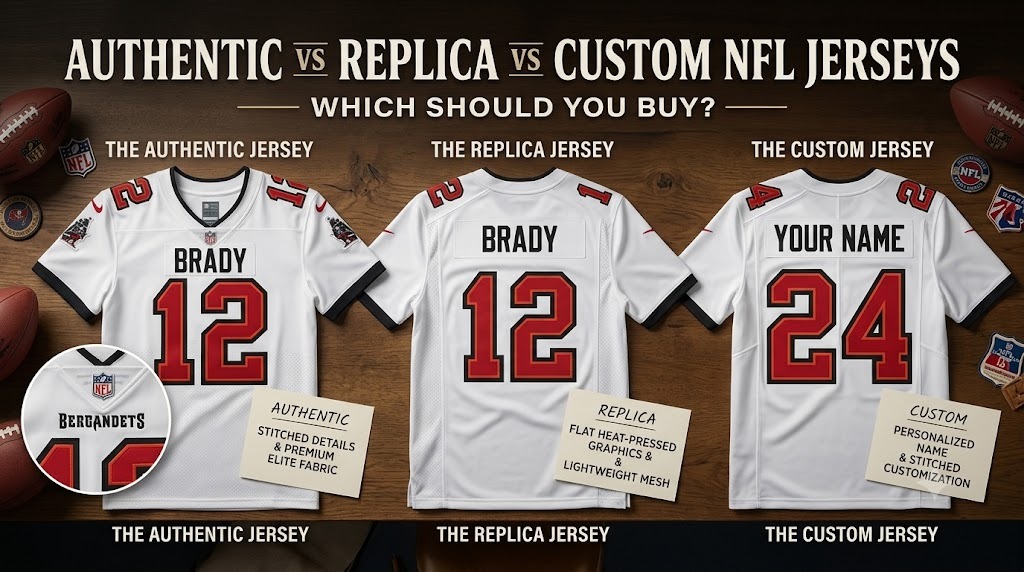 Authentic vs replica vs custom NFL jerseys compared side by side: three Brady 12 jerseys labelled with stitching, graphics and fabric differences