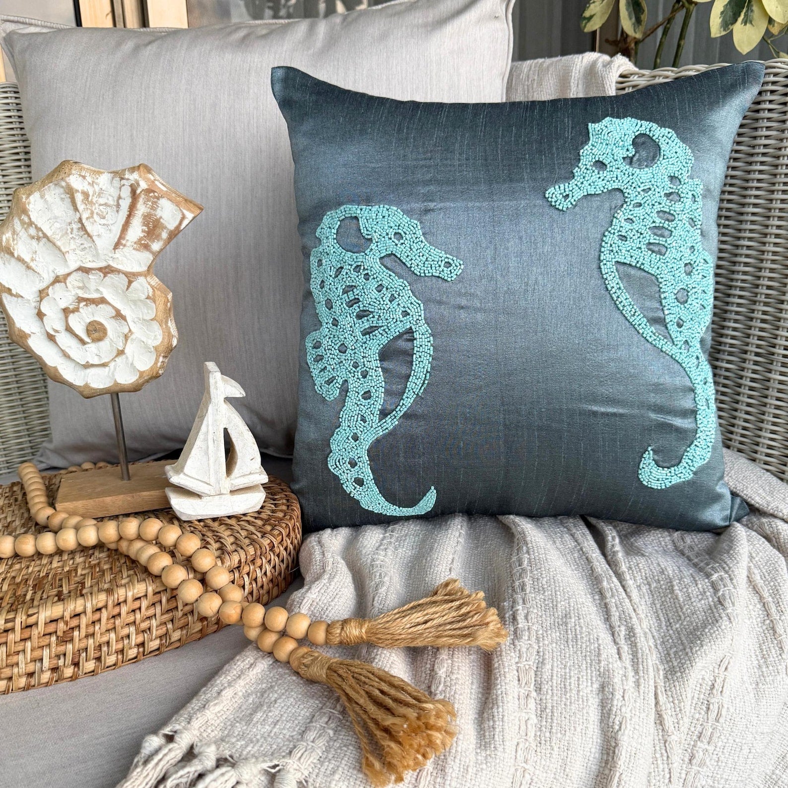 Textured Seahorse throw pillow cover, product view 1