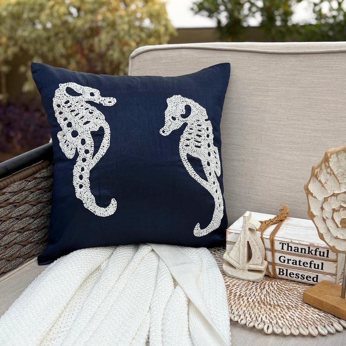 Coastal Seahorse throw pillow cover, product view 2
