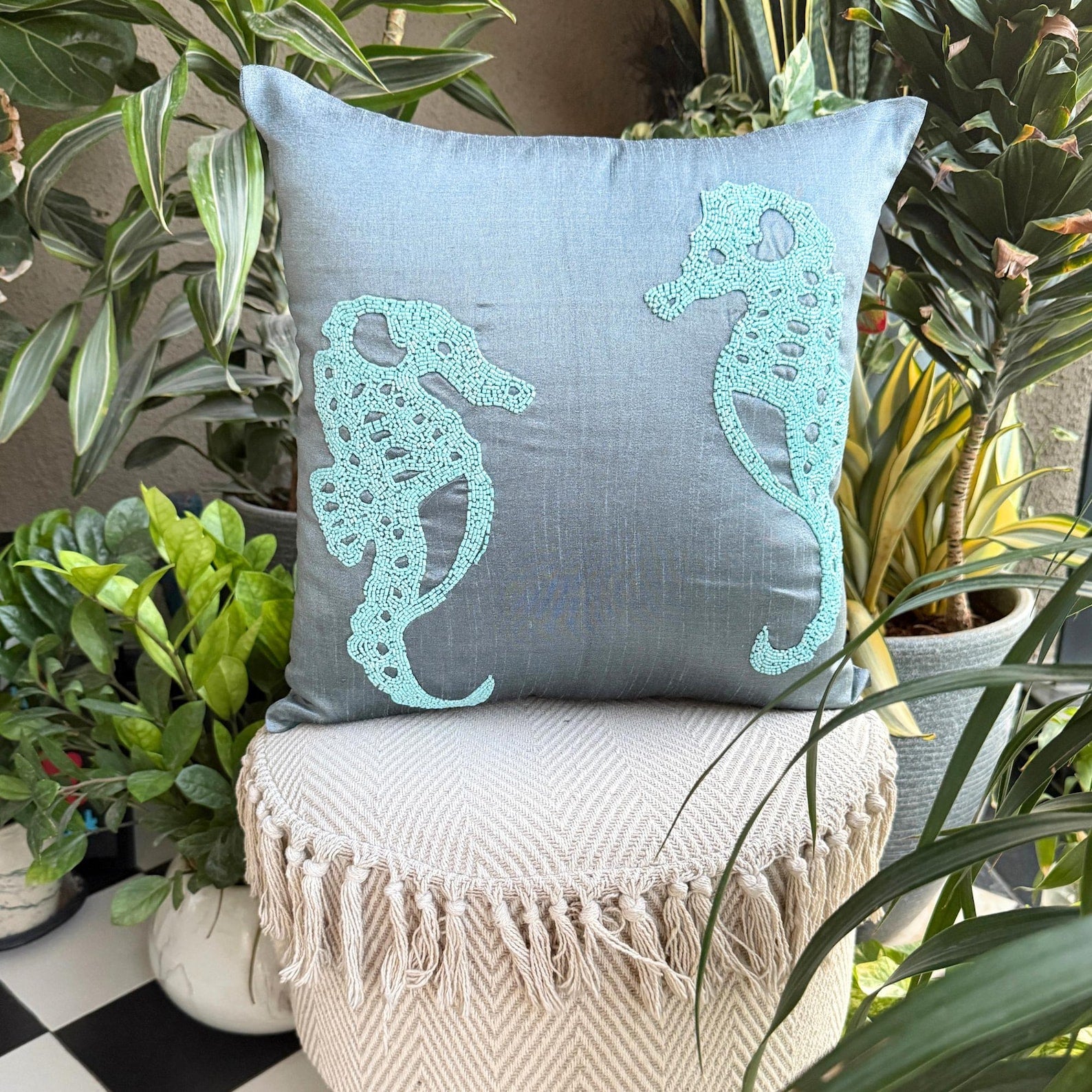 Textured Seahorse throw pillow cover, product view 3