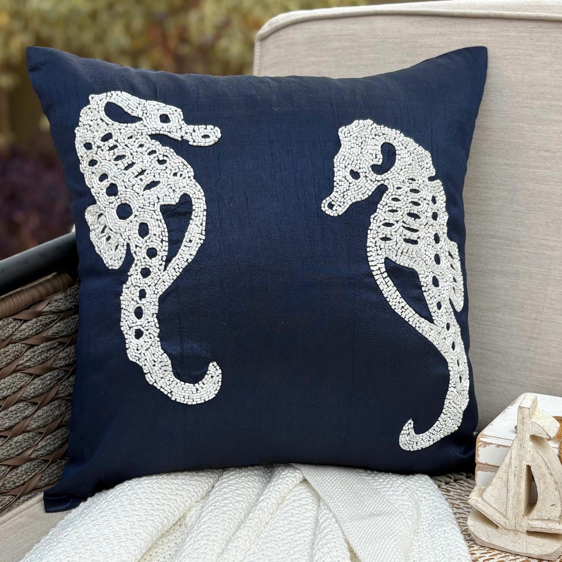 Coastal Seahorse throw pillow cover, product view 1