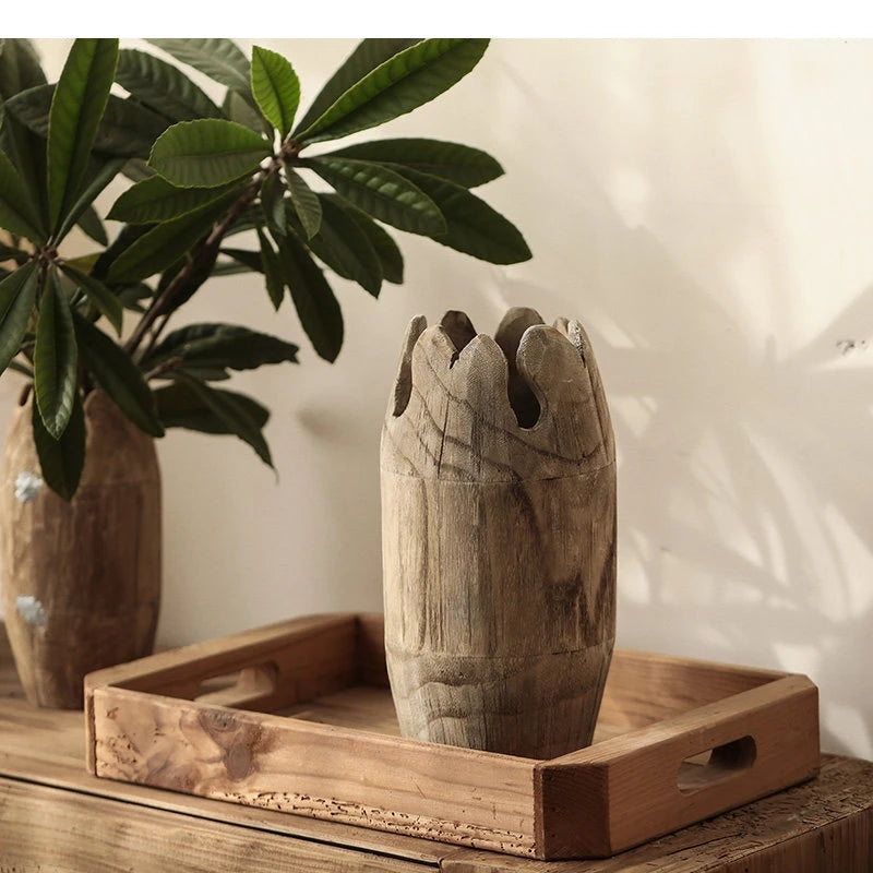 Raw Carved Paulownia Wood Irregular Edge Vase product view