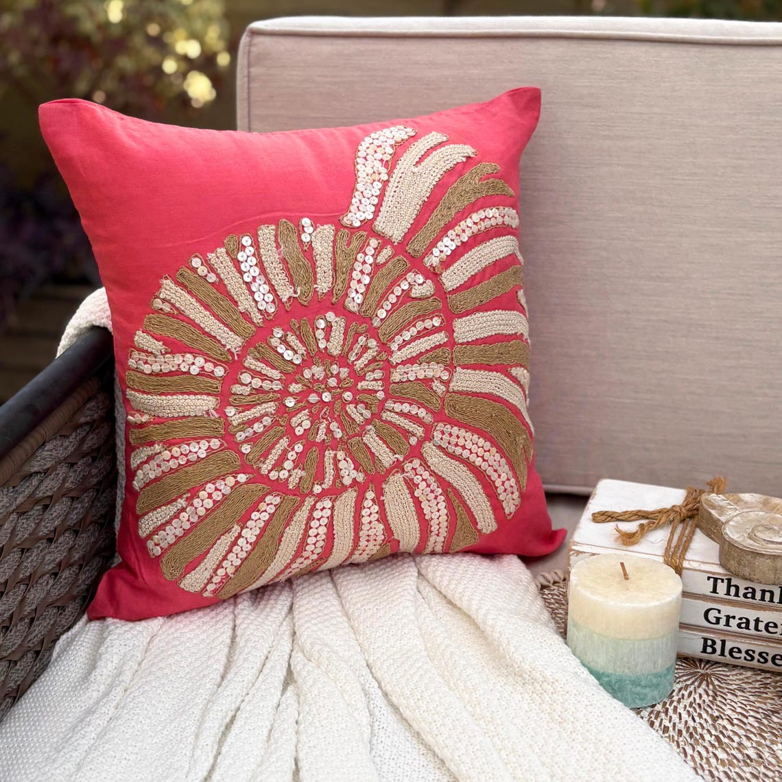 Coral and Seashell throw pillow cover, product view 1