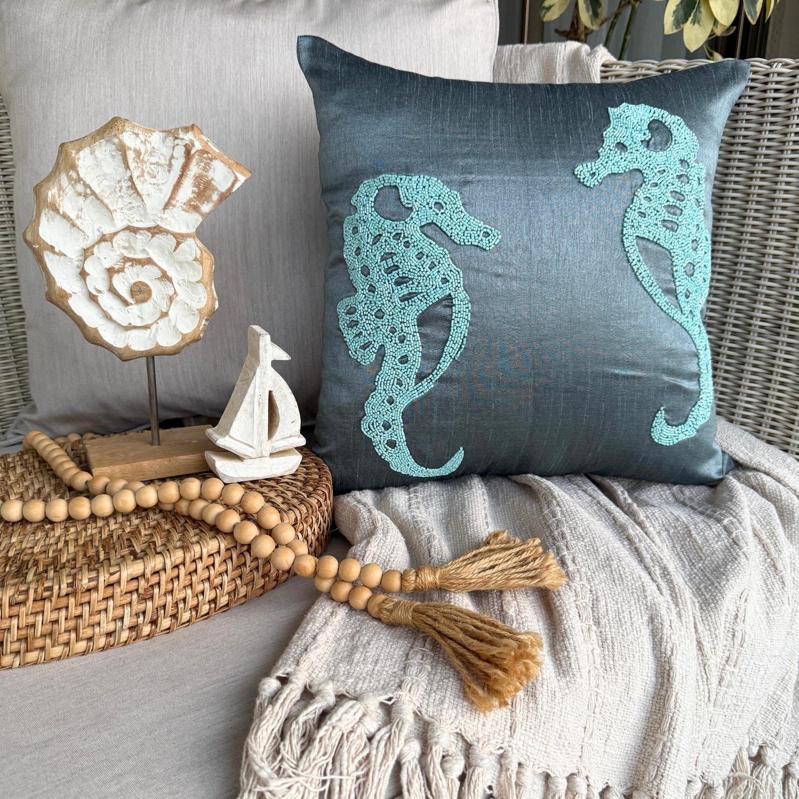 Textured Seahorse throw pillow cover, product view 2
