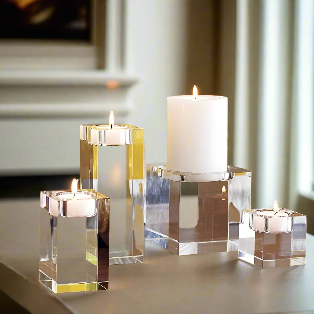 Crystal Solid Glass Cube Candle Holder Set product detail view 2