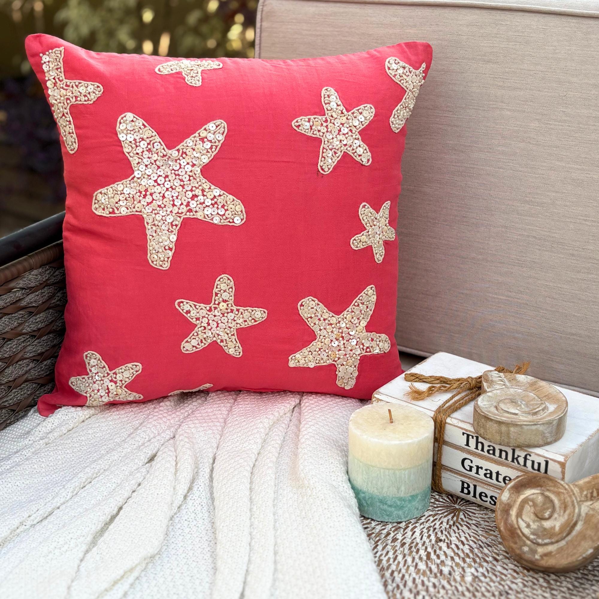 Coral and Starfish throw pillow cover, product view 2