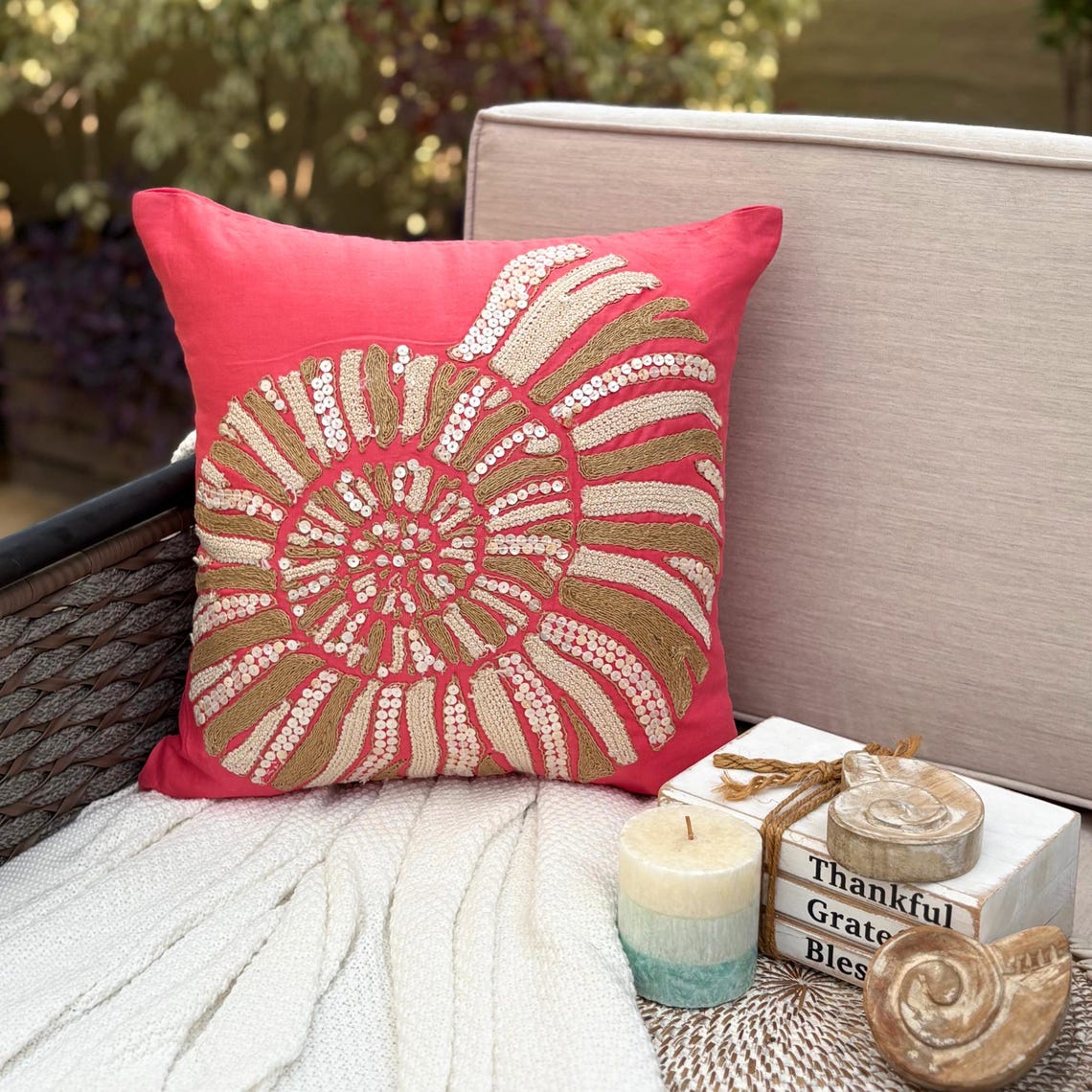 Coral and Seashell throw pillow cover, product view 2