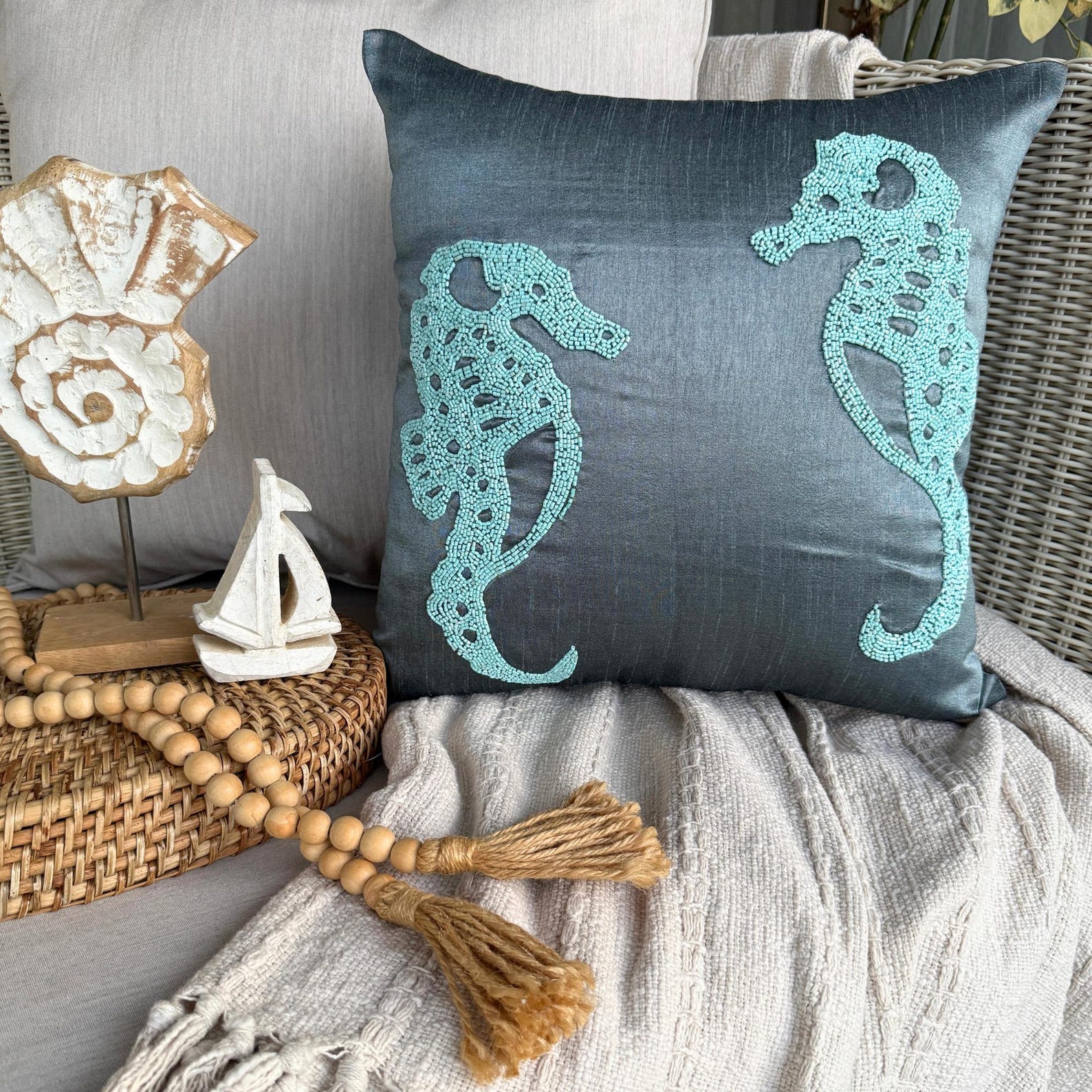 Textured Seahorse throw pillow cover, product view 4
