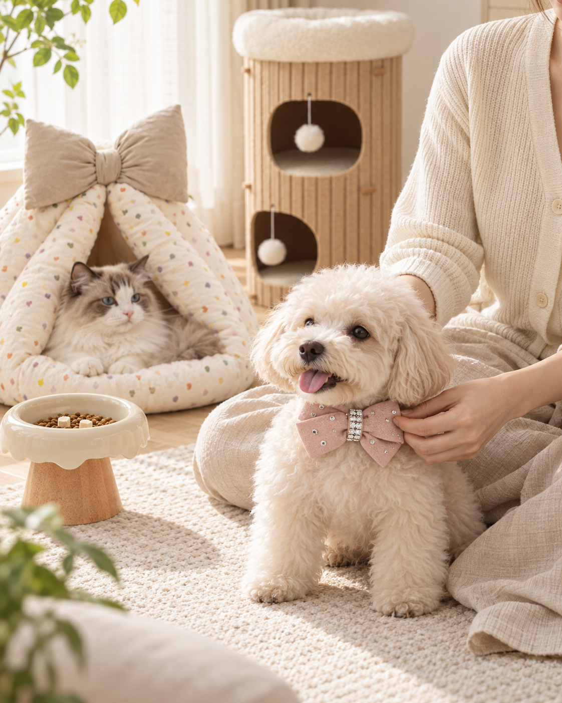 A pet owner sharing a quiet moment at home with a dog and cat