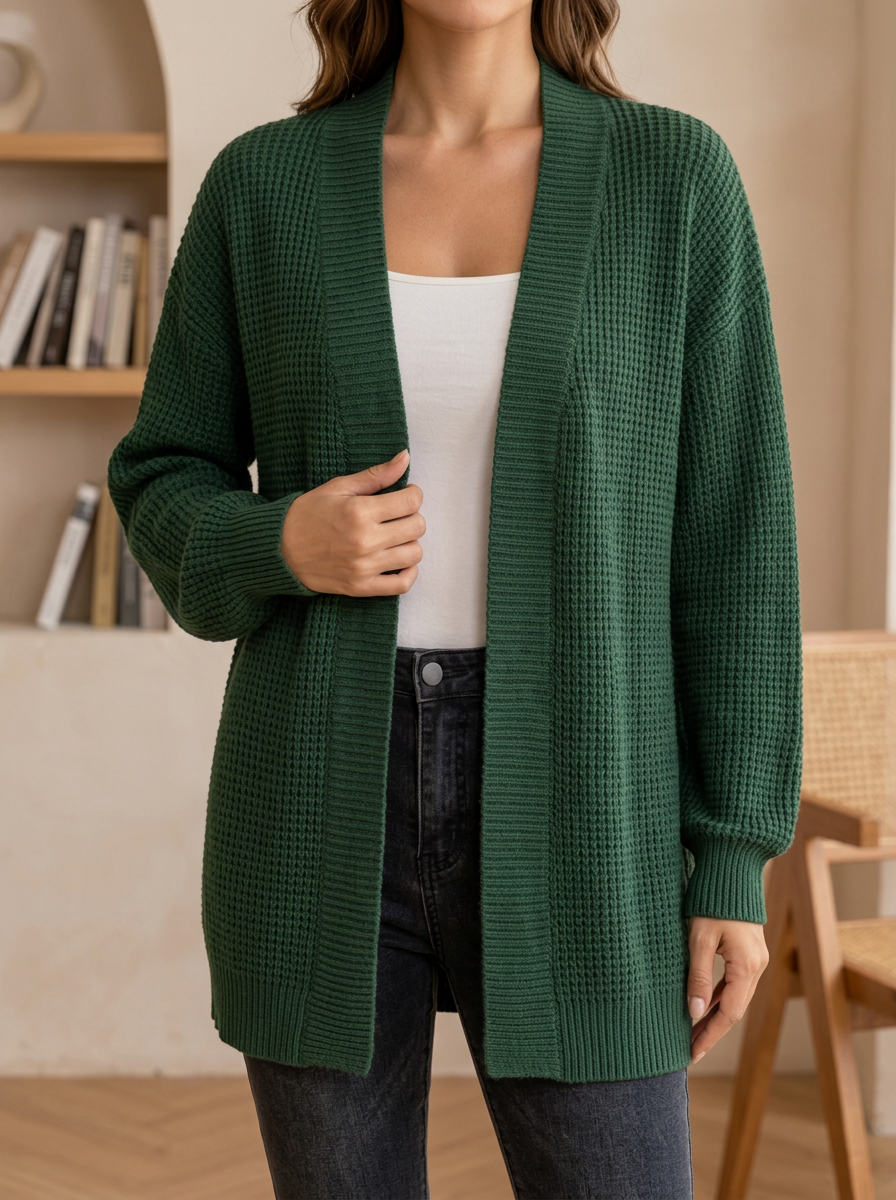 Women's Waffle Knit Open Front Dropped Shoulder Cardigan