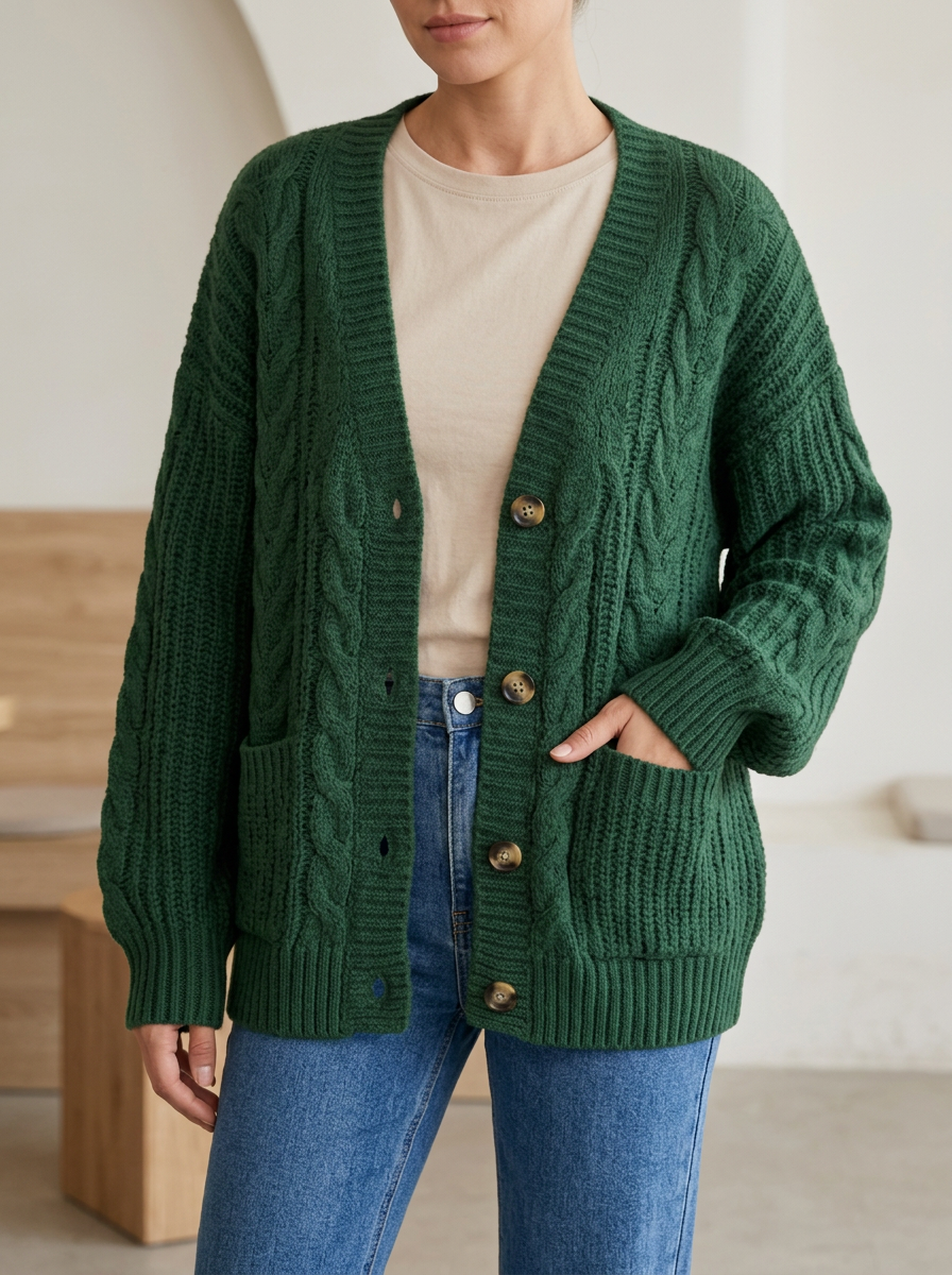 Women's Cable Knit Button Front V Neck Streamlined Cardigan