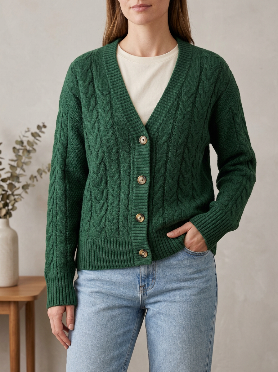 Women's Everyday Cable Knit Button Front V Neck Cardigan