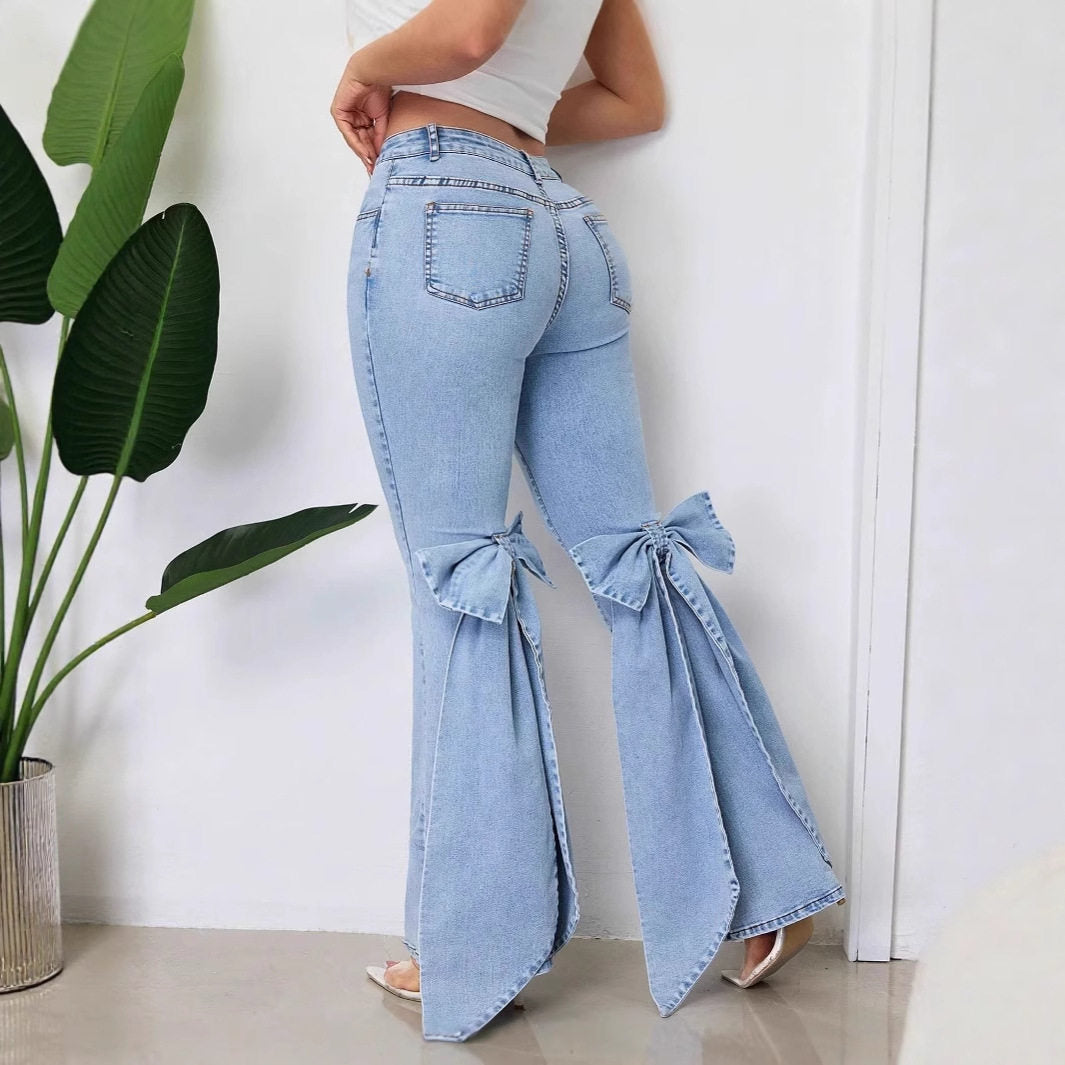 Women's High Waist Flared Bow Detail Jeans