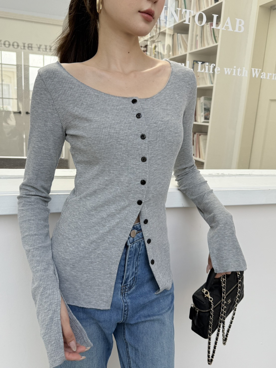 Women's Button Front Ribbed Long Sleeve Top