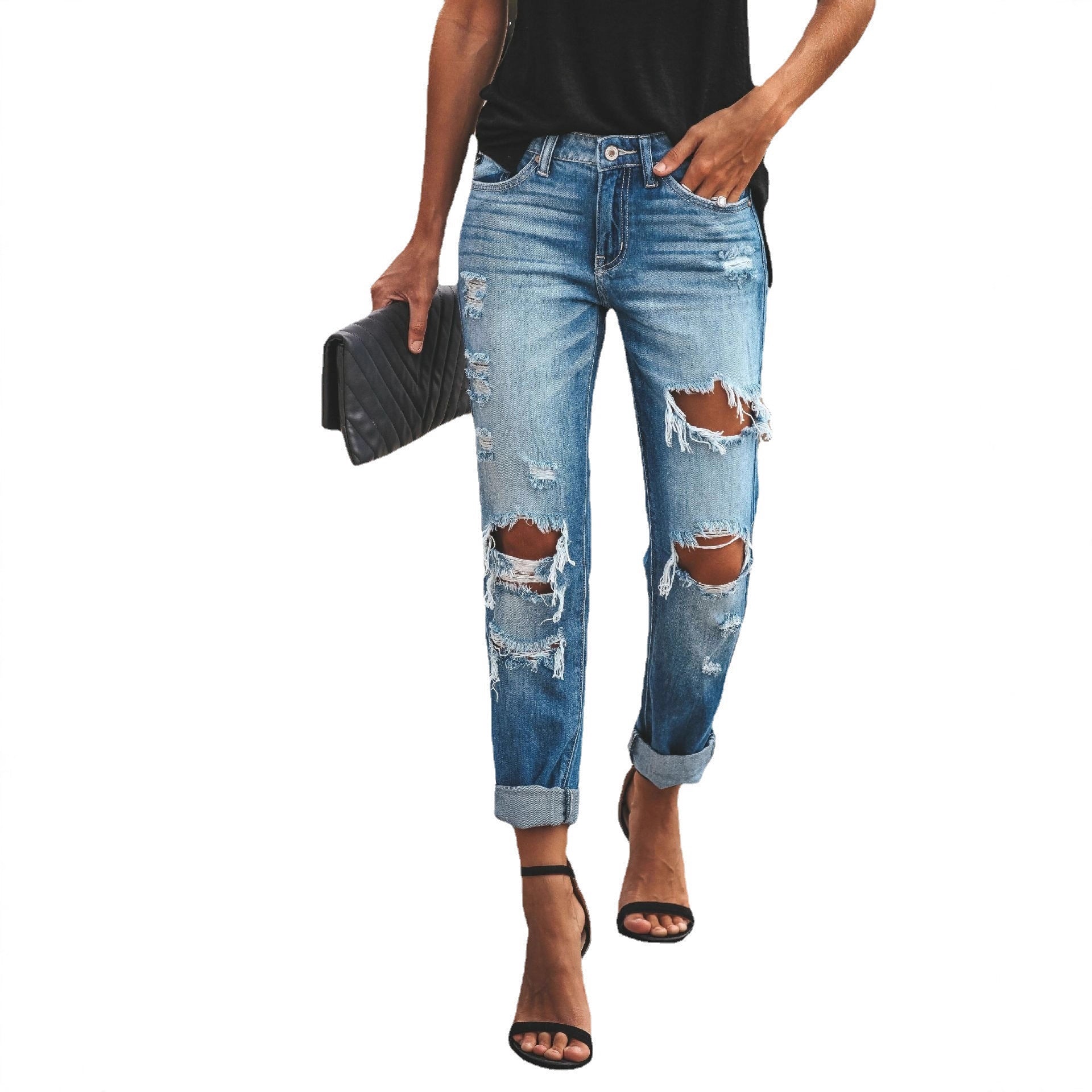 Women's Straight Leg Distressed Washed Jeans