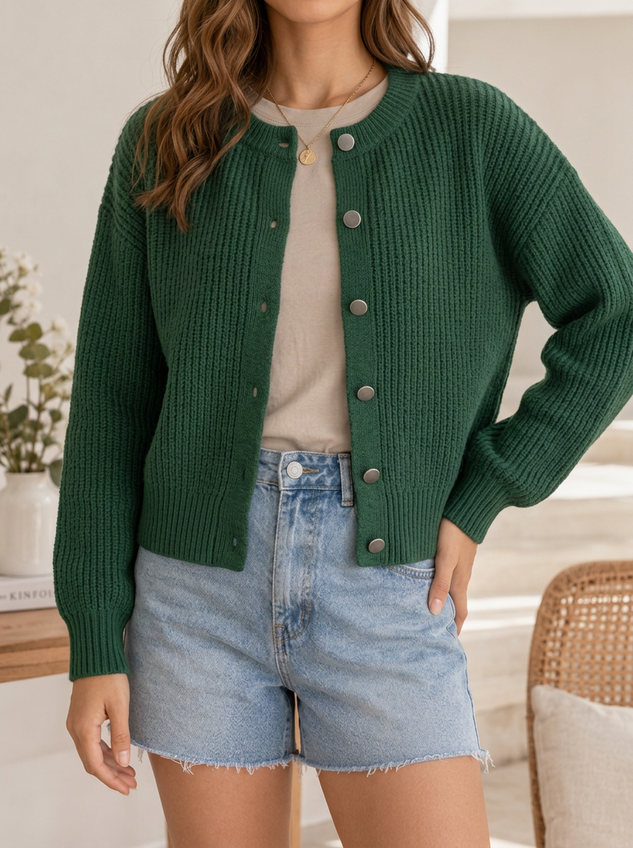 Women's Ribbed Knit Button Front Crew Neck Everyday Cardigan