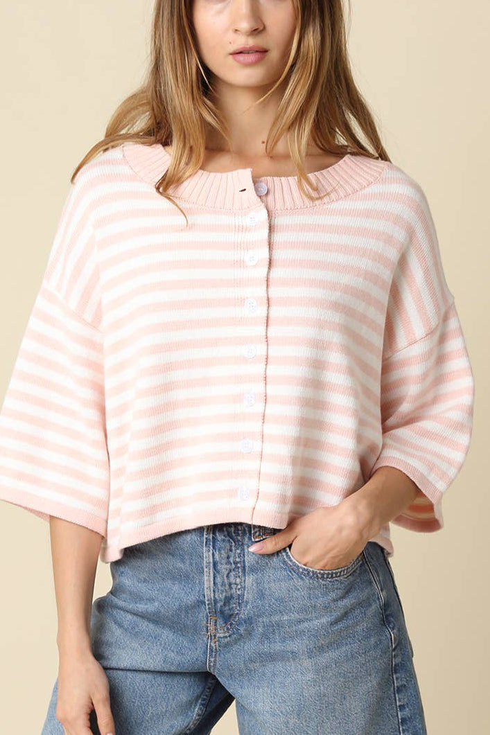 Cropped Stripe Button Knit Cardigan