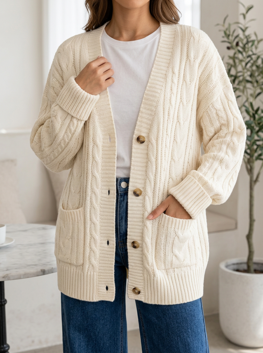Women's Refined Cable Knit Button Front V Neck Cardigan